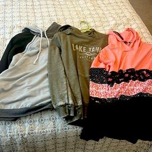 2 sweatshirts and long sleeve shirt w hood
